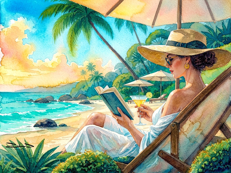 Painting of a lady at the beach reading on a lounge chair.