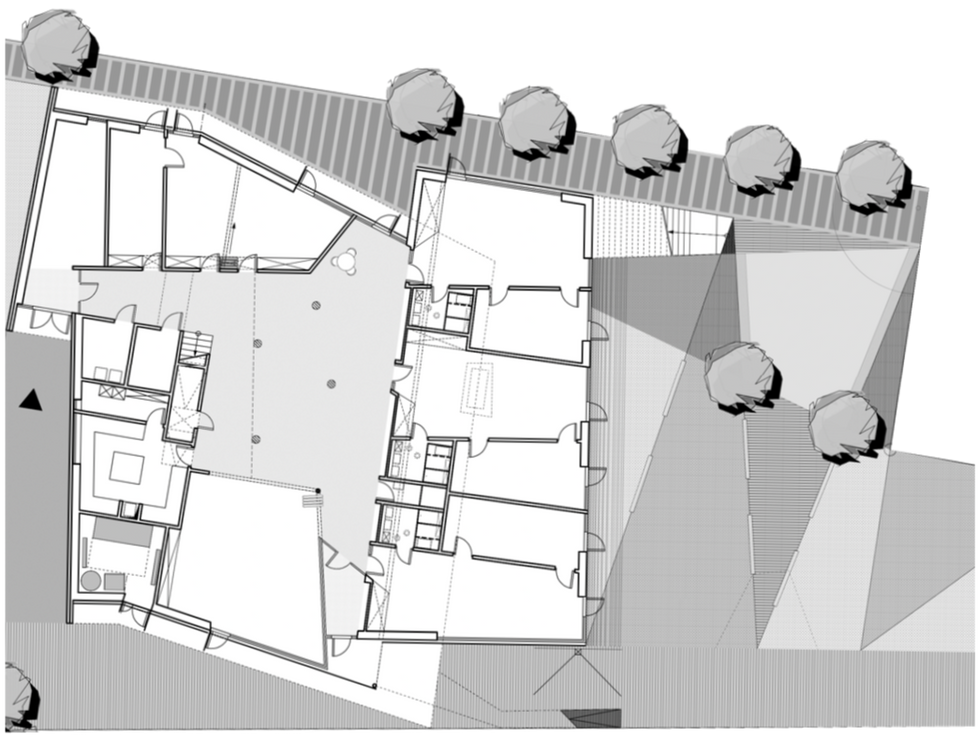 Grundriss Erdgeschoss KITA Sternenzelt. Weißes Gebäude, grünes Dach. Entworfen vom Architekten Johann Eisele aus Darmstadt