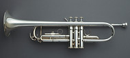 Directly above shot of trumpet against gray background