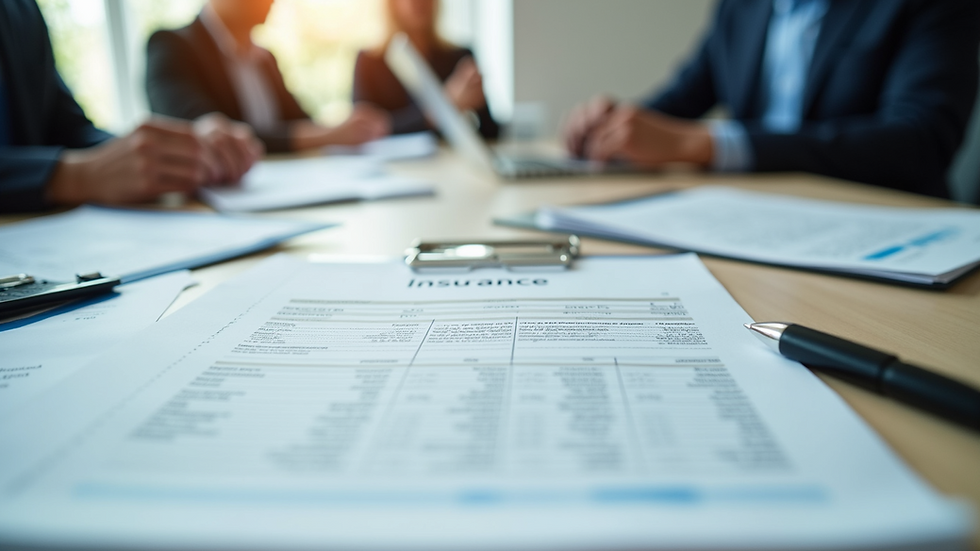 Eye-level view of organized insurance documents on a desk
