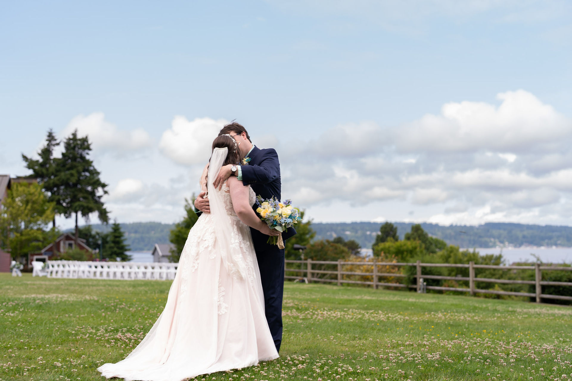 Bride and groom kiss at Rosehill Community Center wedding