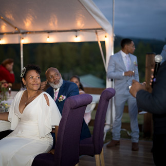 Bride and guests listen to speech under tent at intimate farm wedding.