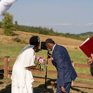 Bride and groom interact with tablet during outdoor wedding ceremony.