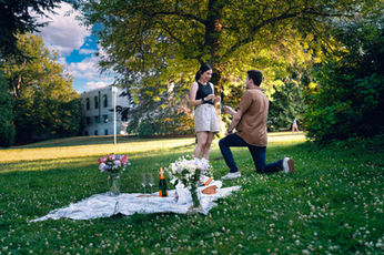 Romantic park proposal, picnic, flowers