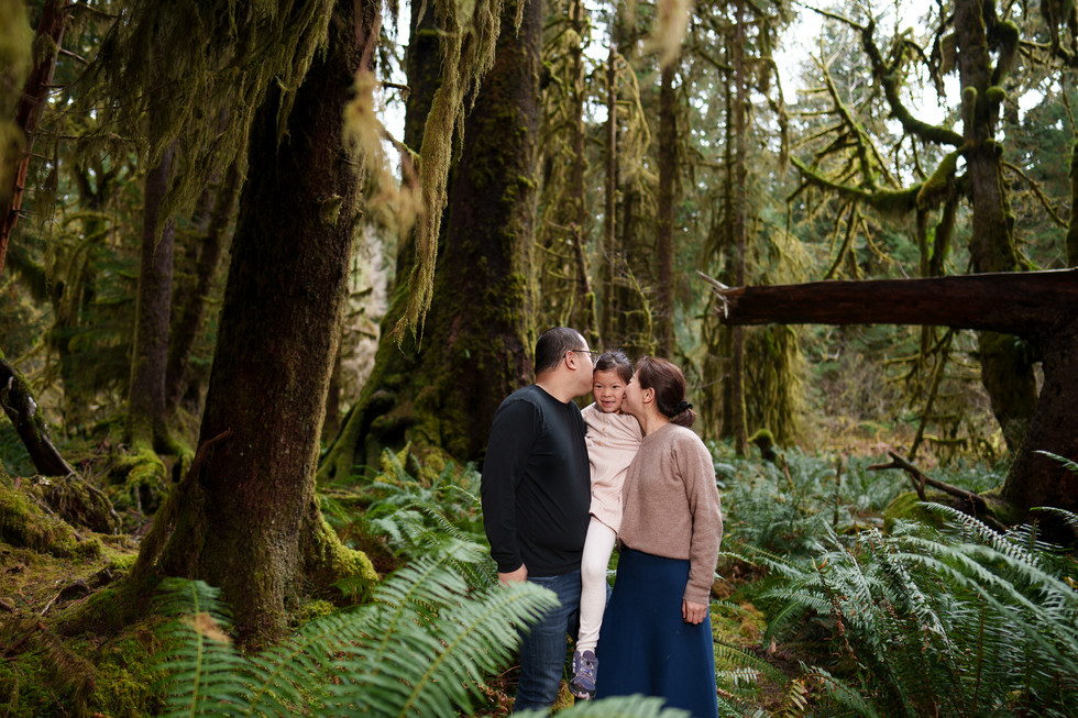 Family embracing in Olympic National Park's mossy forest