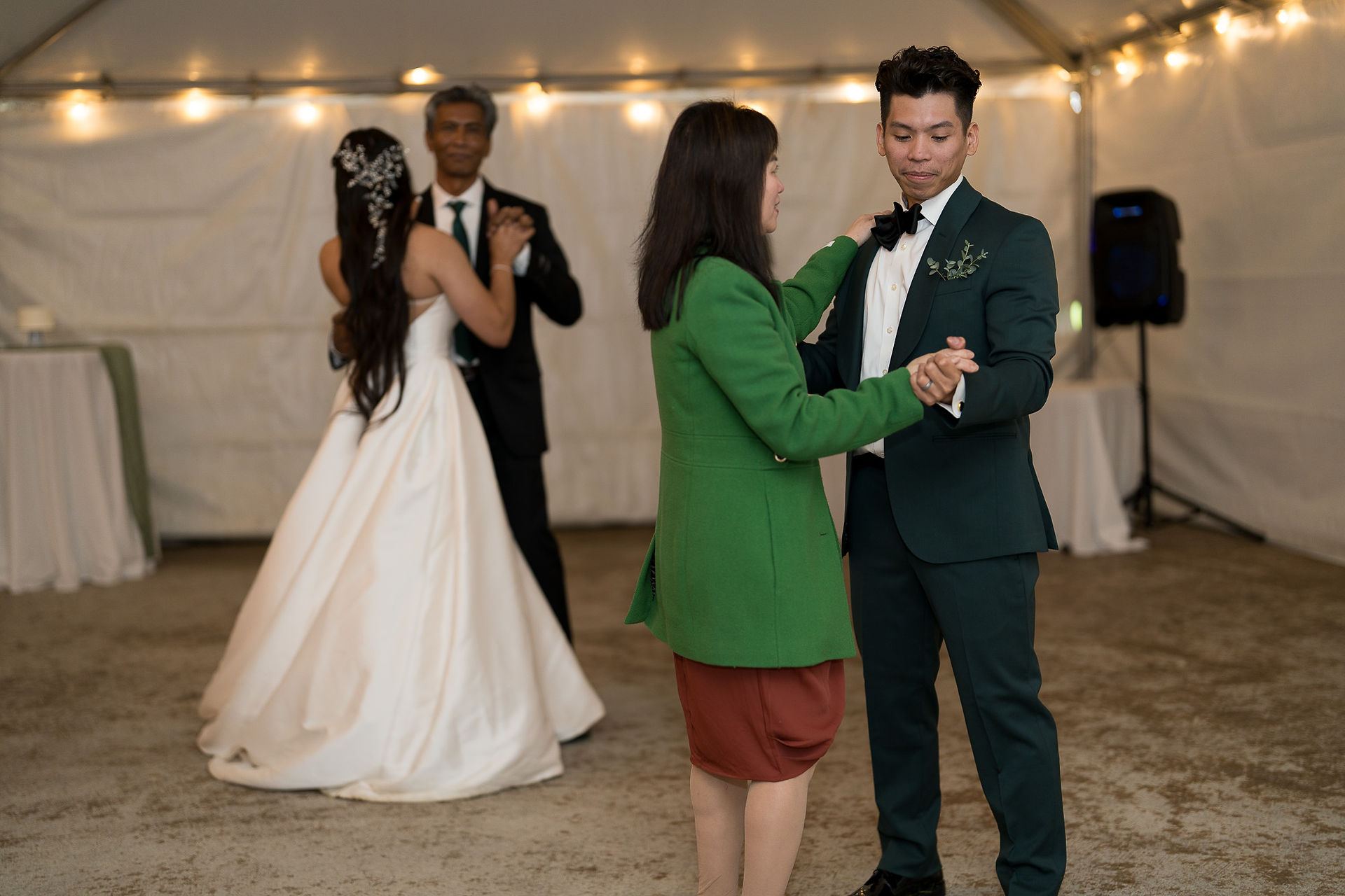 Bride, groom, and guests dancing at a wedding reception, Sanders Estate.