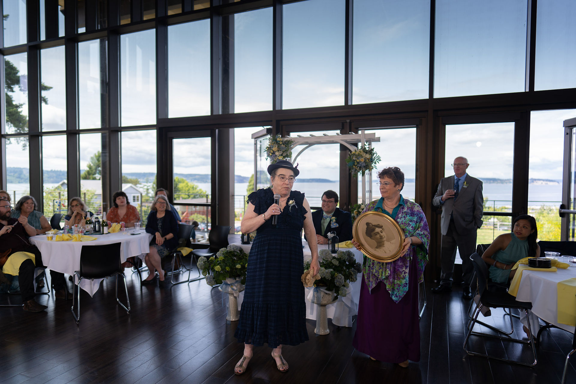 Wedding toast, guests seated, Rosehill Community Center