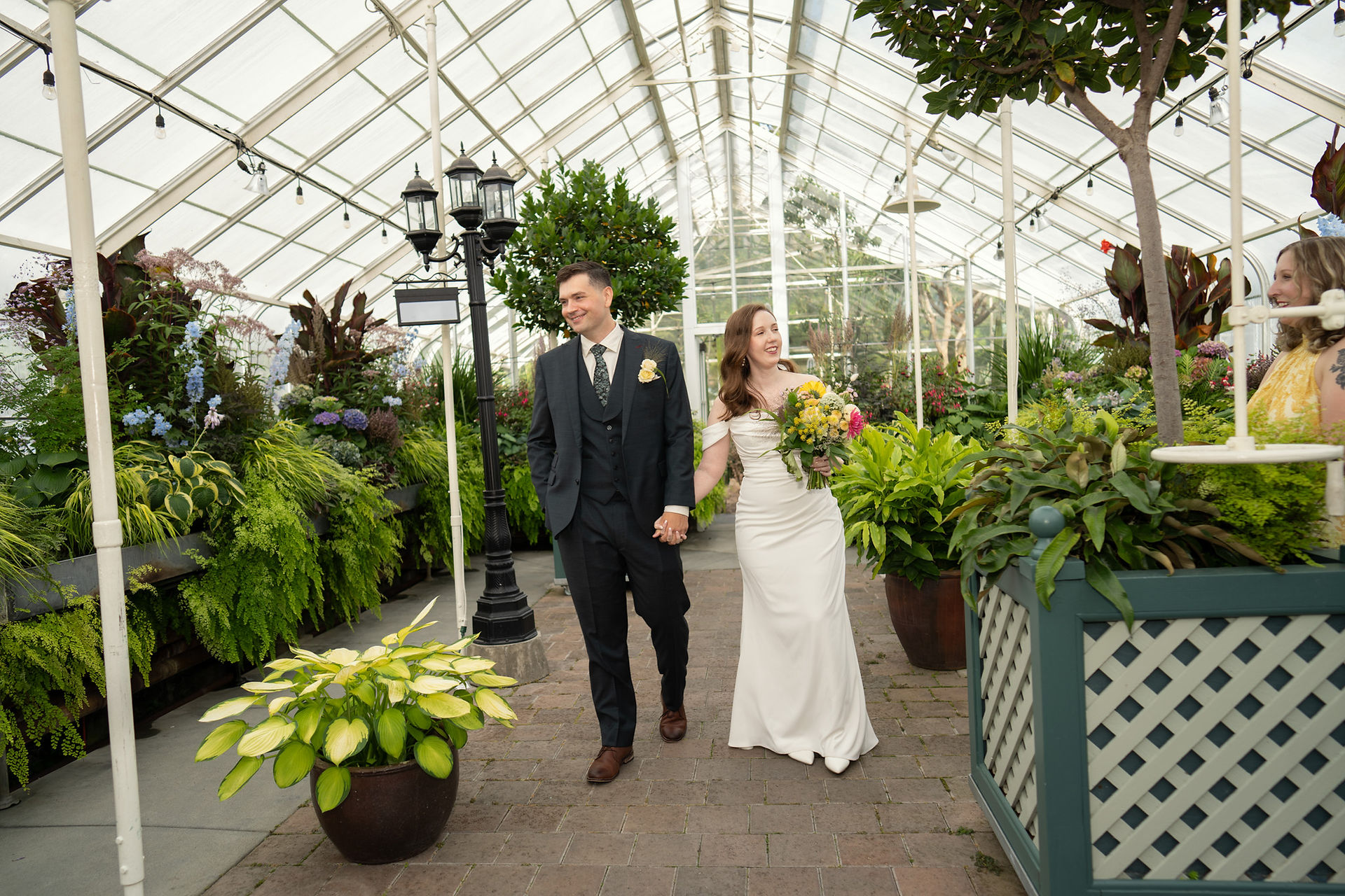 Wedding couple at Volunteer Park Conservatory in Seattle