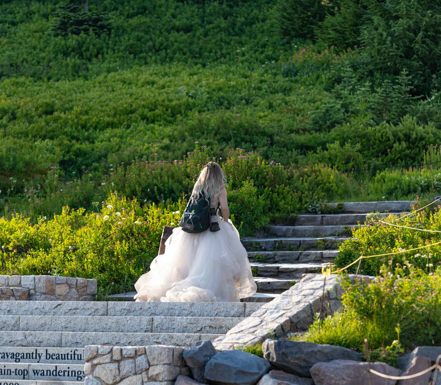 Bride ascends stone steps, '...beautiful...mountain-top wanderings' text, green hillside background.