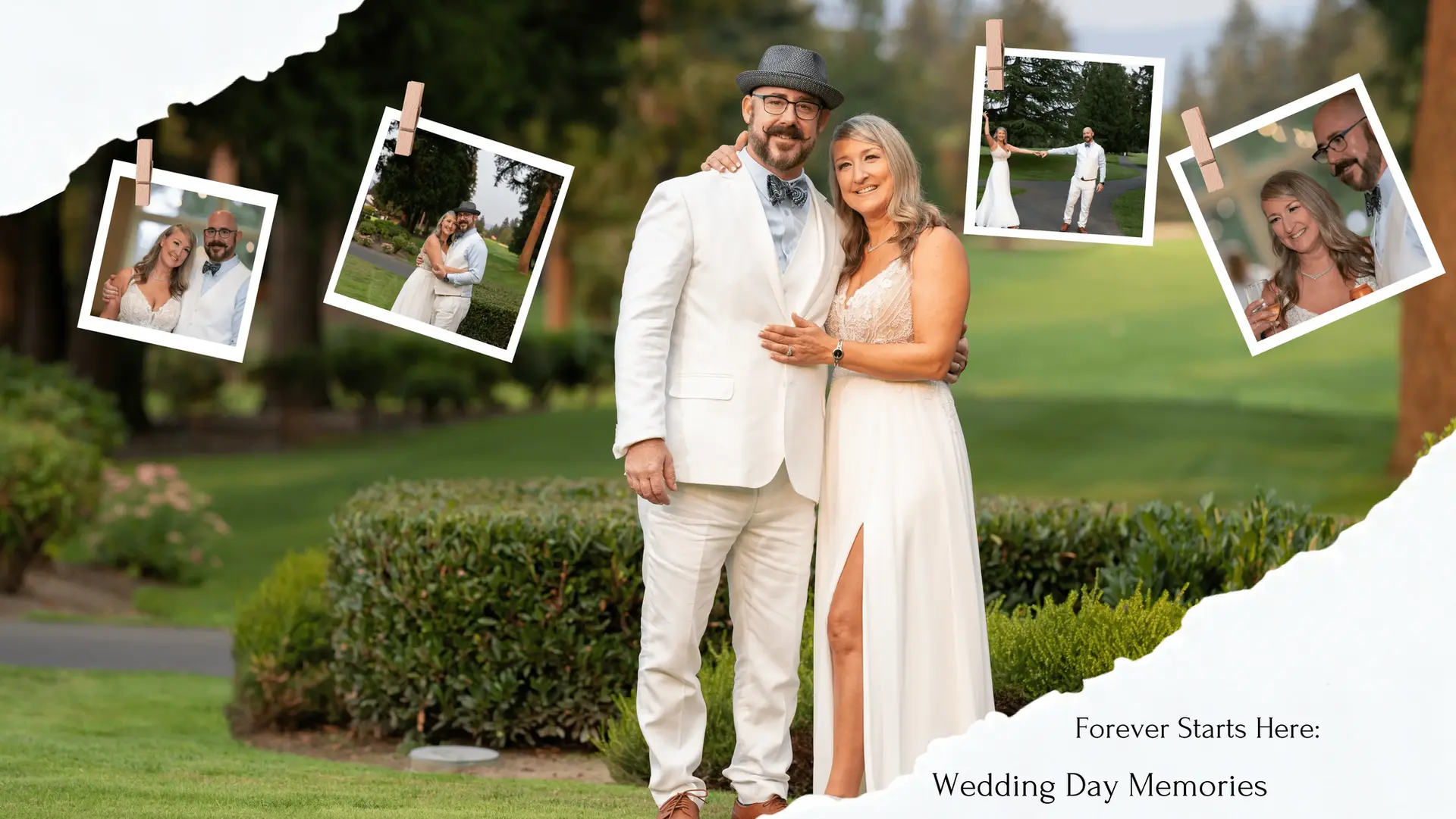 Couple in white wedding attire, photos, "Forever Starts Here: Wedding Day Memories"