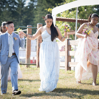 Wedding party walking outdoors on grass at an intimate farm wedding.