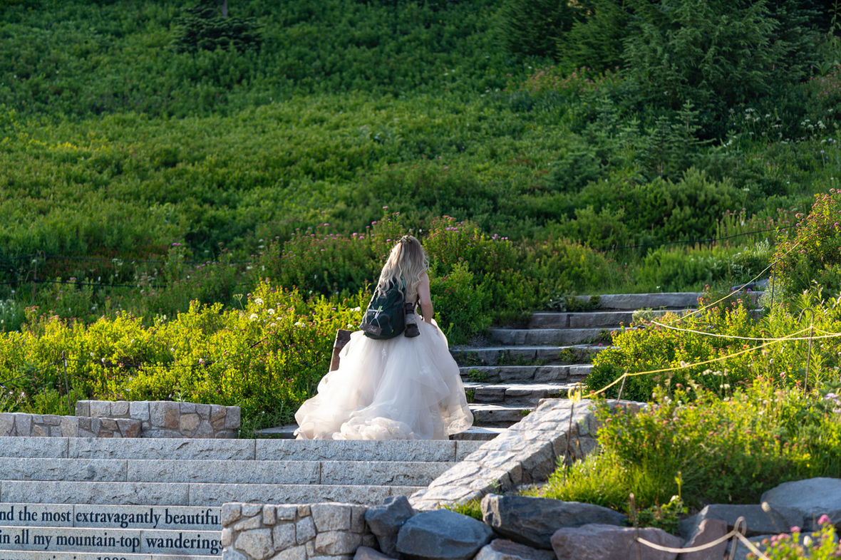 Bride ascending stairs, "only beauty is wandering", PhotoYari