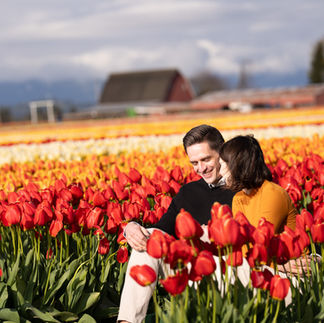 Engagement photo: smiling couple in tulips at Skagit Tulip Festival