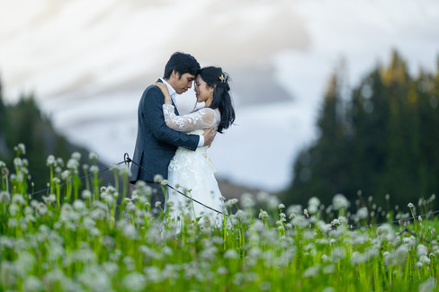 Couple embracing during a Mount Rainier elopement.