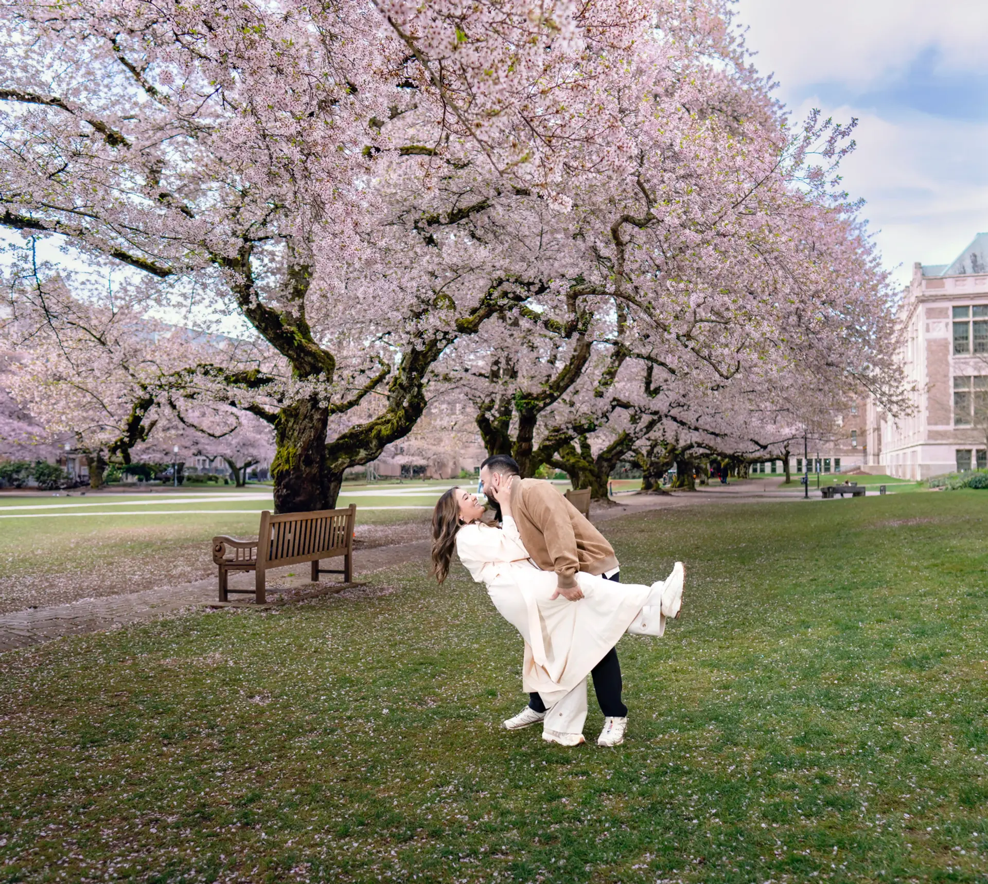 Couple embraces under blossoming cherry trees