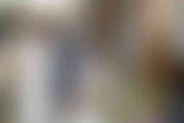 Elegant bride holds food plate at bustling outdoor wedding buffet.