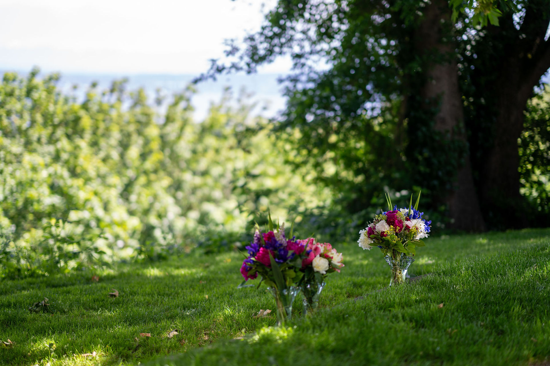 Two bouquets on grass with ocean view