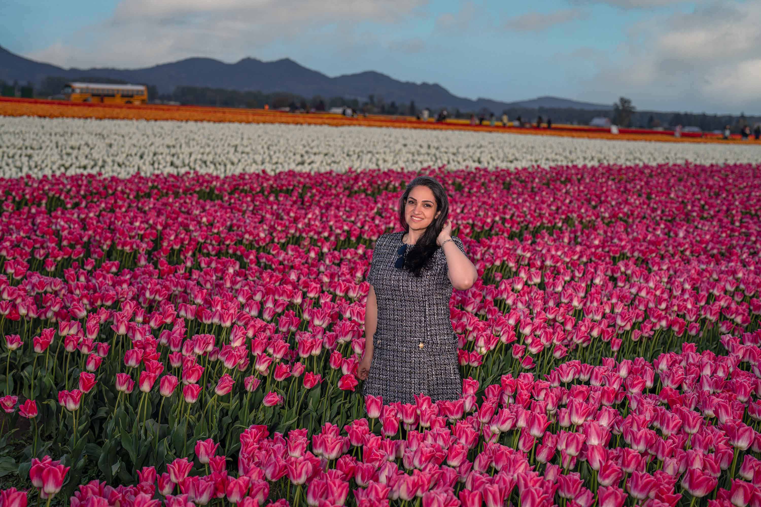 Woman in vibrant pink tulip field, mountains in background, tulip festival 2026.