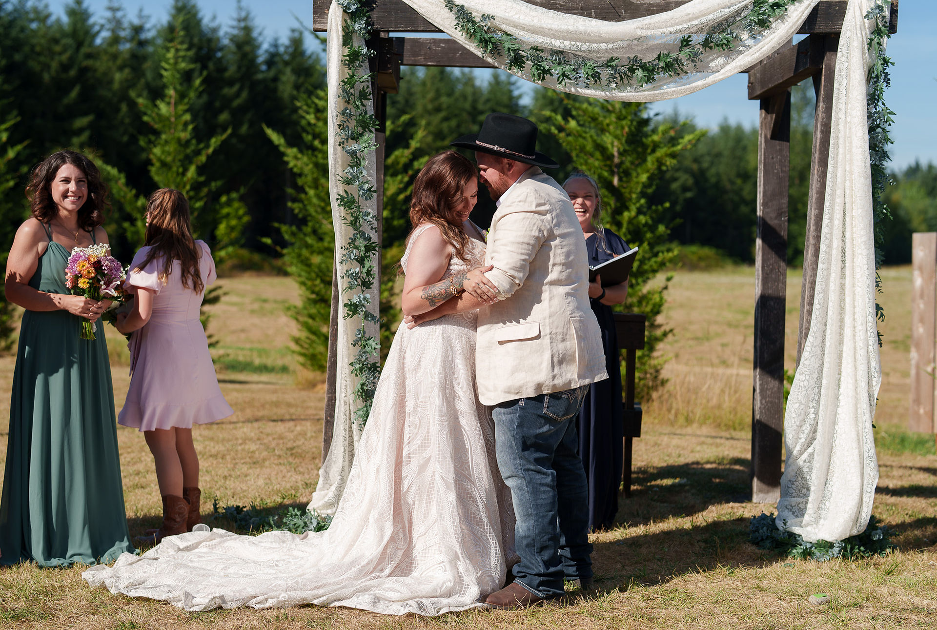 Couple embrace Wedding at The Barn on Jackson in Chehalis WA.