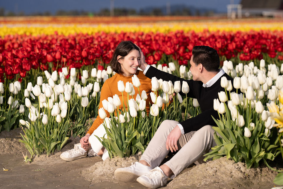 Couple in white tulips at Skagit Tulip Festival