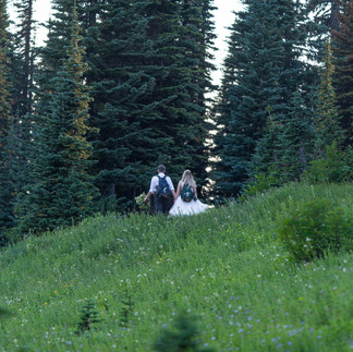 Couple holding hands, walking away in a forest clearing