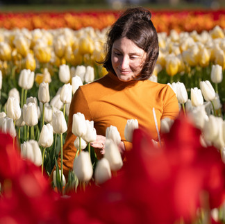 Woman in orange top among white tulips at Skagit Tulip Festival