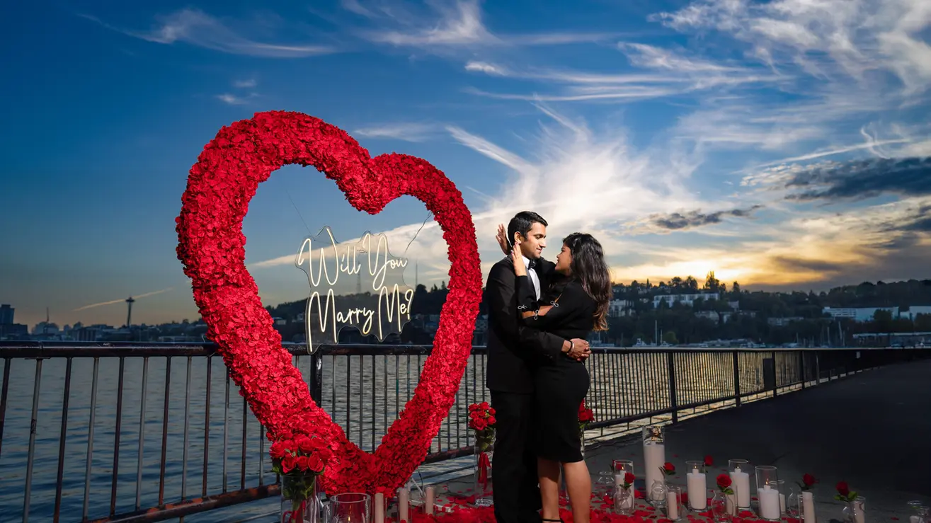 Gas Works Park surprise proposal photographer capturing a candid engagement reaction in Seattle