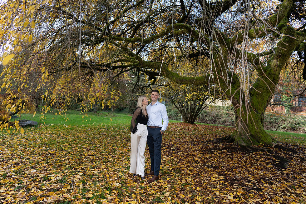 Couple under a tree by Lake Washington surprise proposal photographer