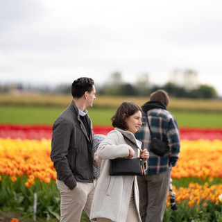 Couple strolls through vibrant tulip fields