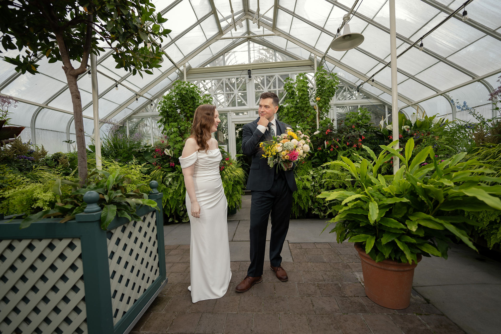 Wedding couple at Volunteer Park Conservatory in Seattle