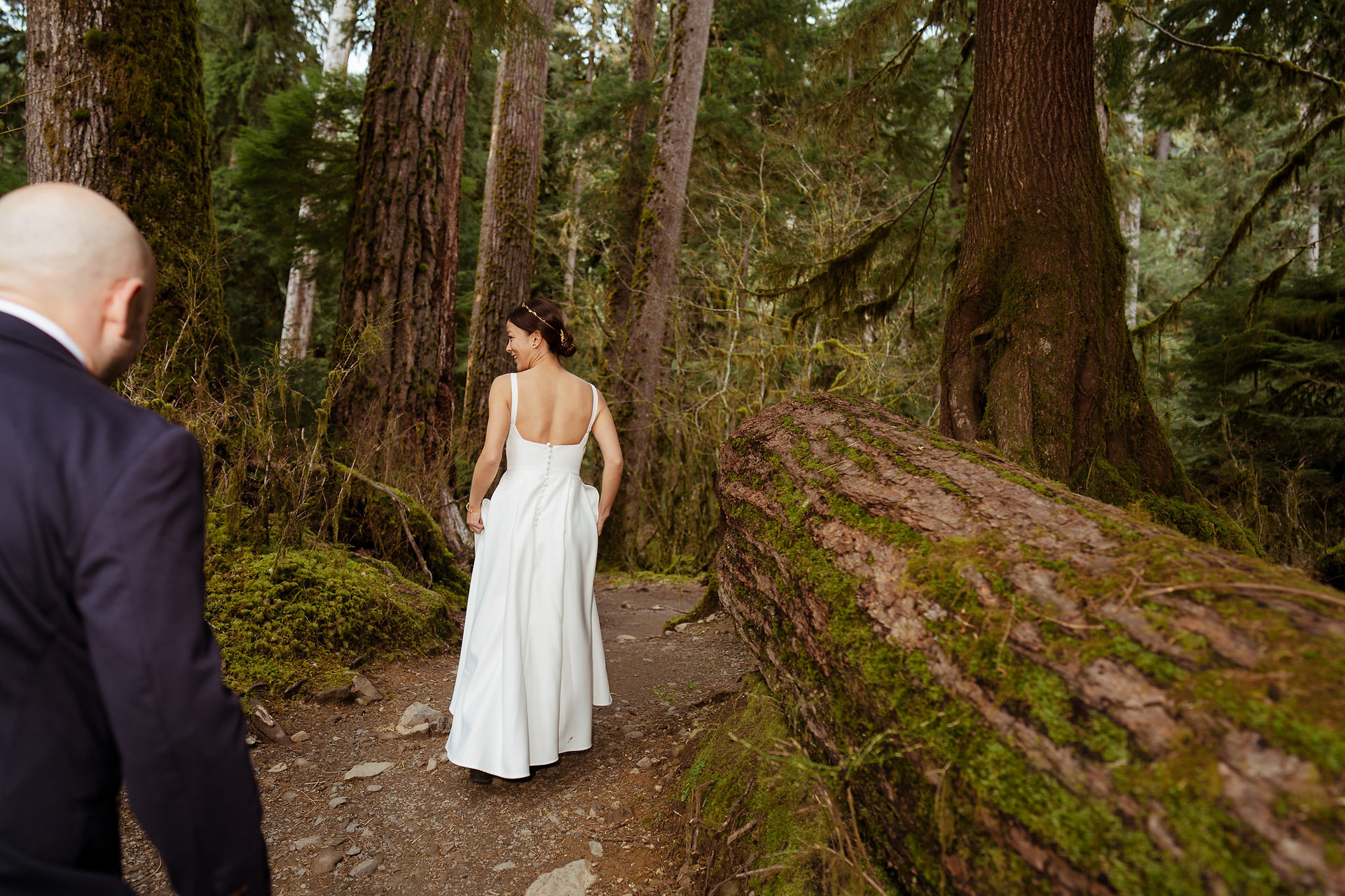 Olympic National Park Elopement bride on forest path