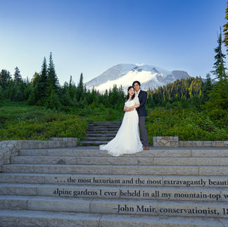 Couple at a Mount Rainier elopement on John Muir steps.