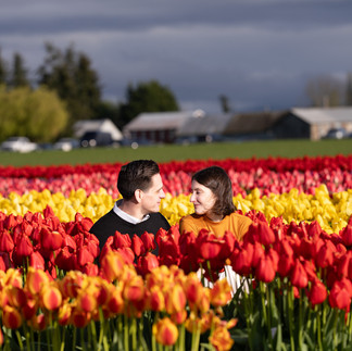 Smiling couple in red and yellow tulips at Skagit Tulip Festival