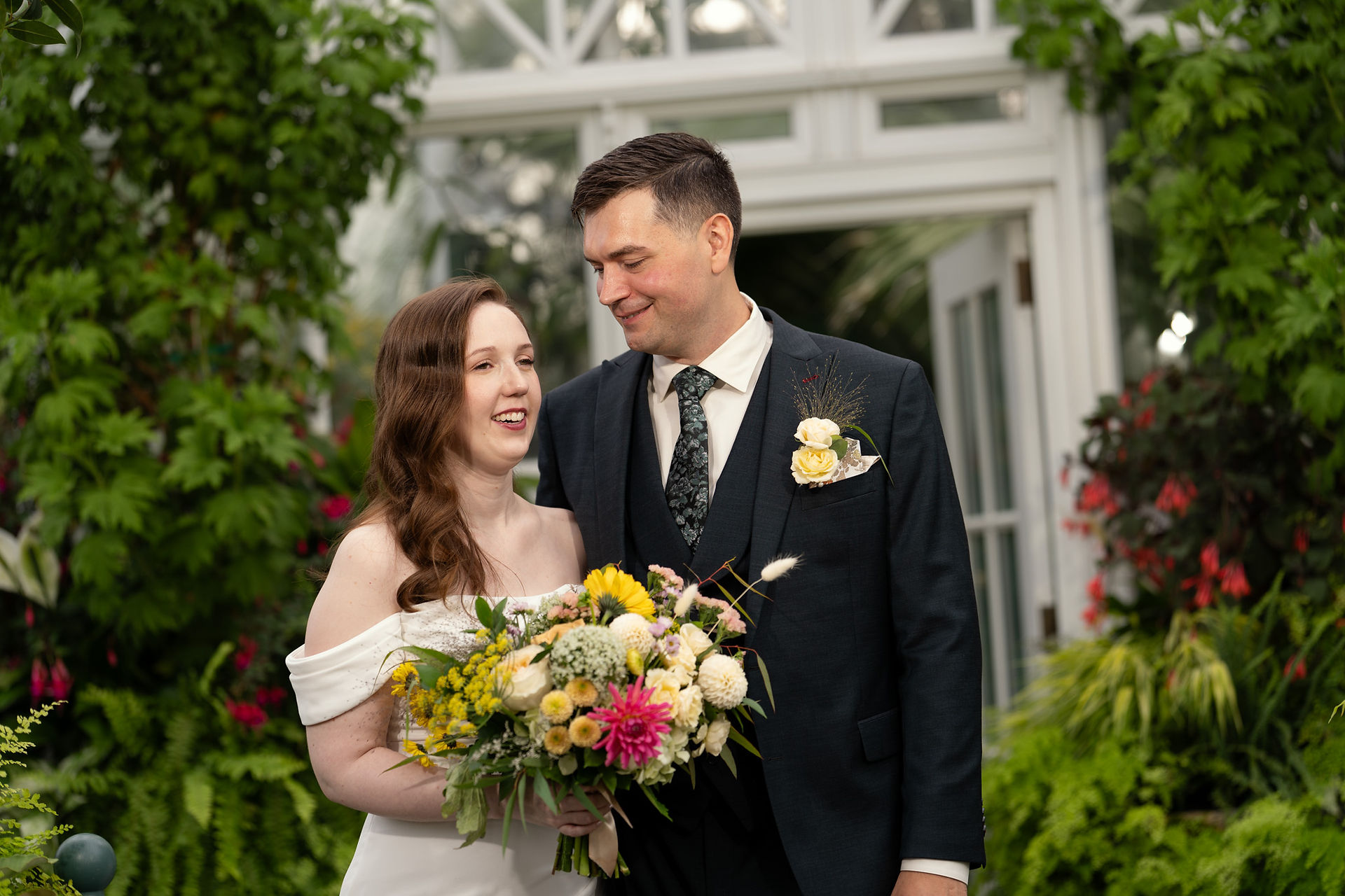 Couple at Volunteer Park Conservatory in Seattle wedding