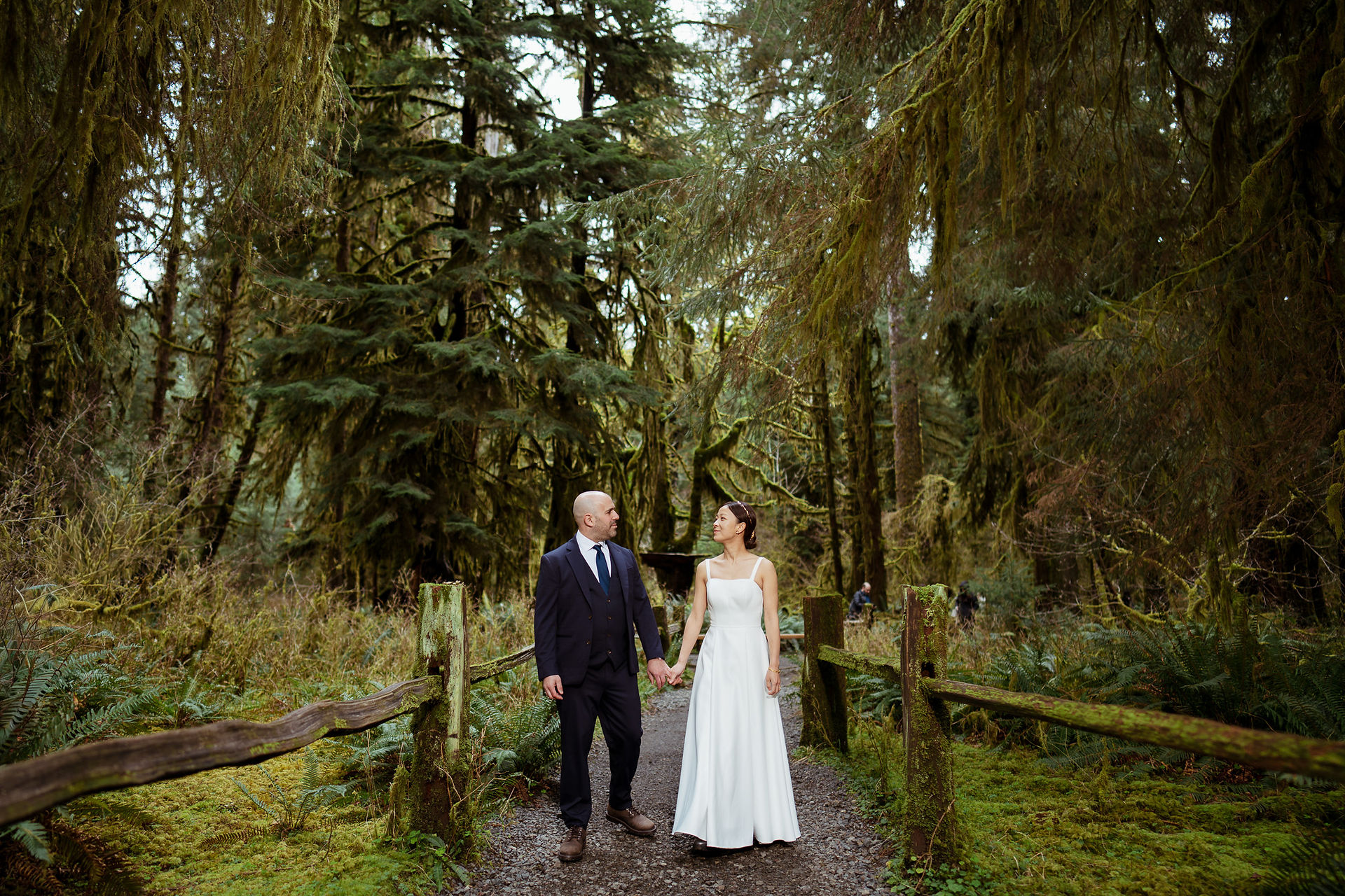 Adventurous Olympic National Park elopement in a mossy forest.