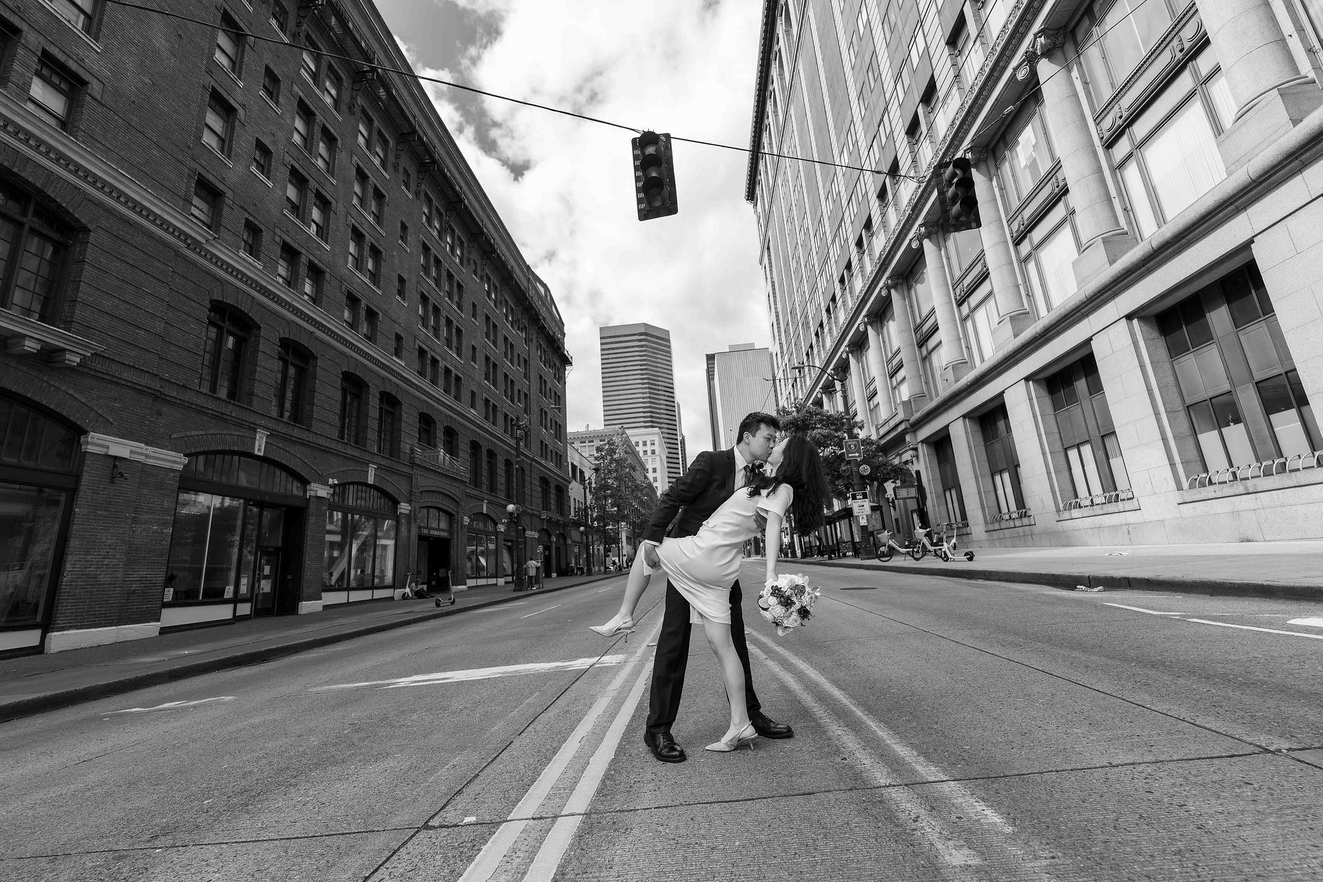 Romantic couple kissing on Seattle street