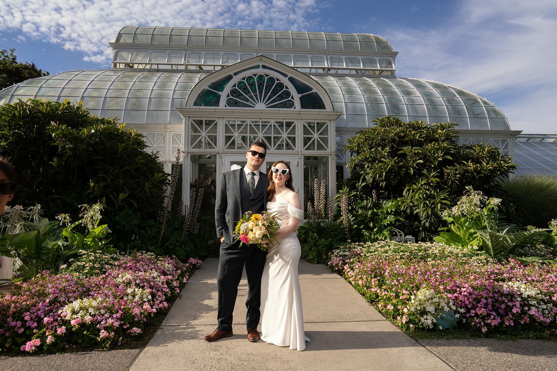 Wedding couple at Volunteer Park Conservatory in Seattle