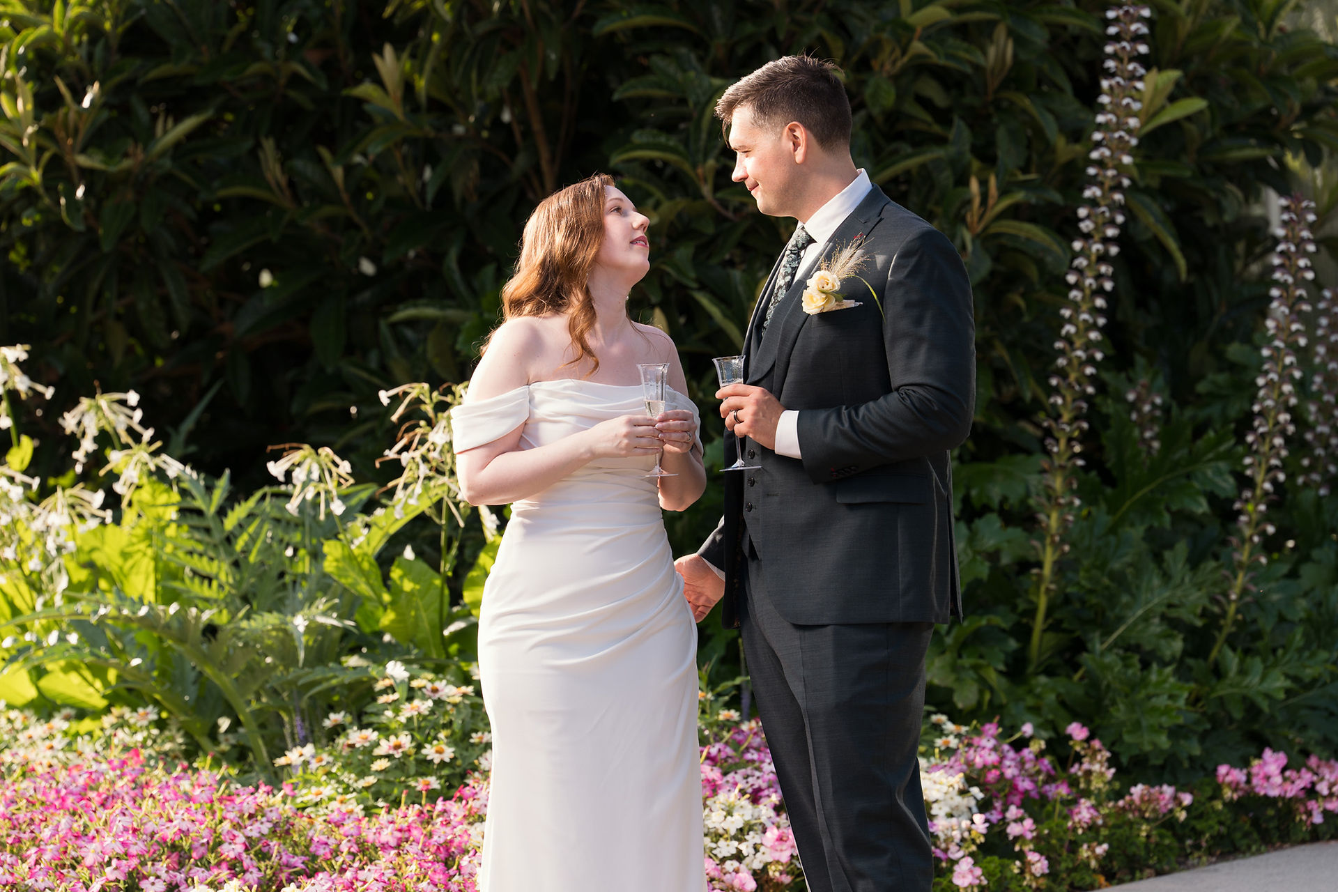 Wedding couple at Volunteer Park Conservatory in Seattle.
