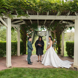 Couple and officiant during outdoor wedding ceremony under a vine-covered gazebo.