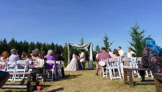 Outdoor wedding ceremony with bride, groom, and guests under arch.