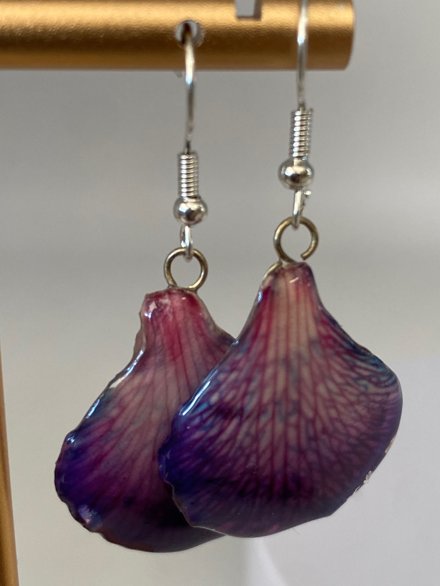Handcrafted Real Orchid Petal Earrings – Vibrant Purple & Blue Resin