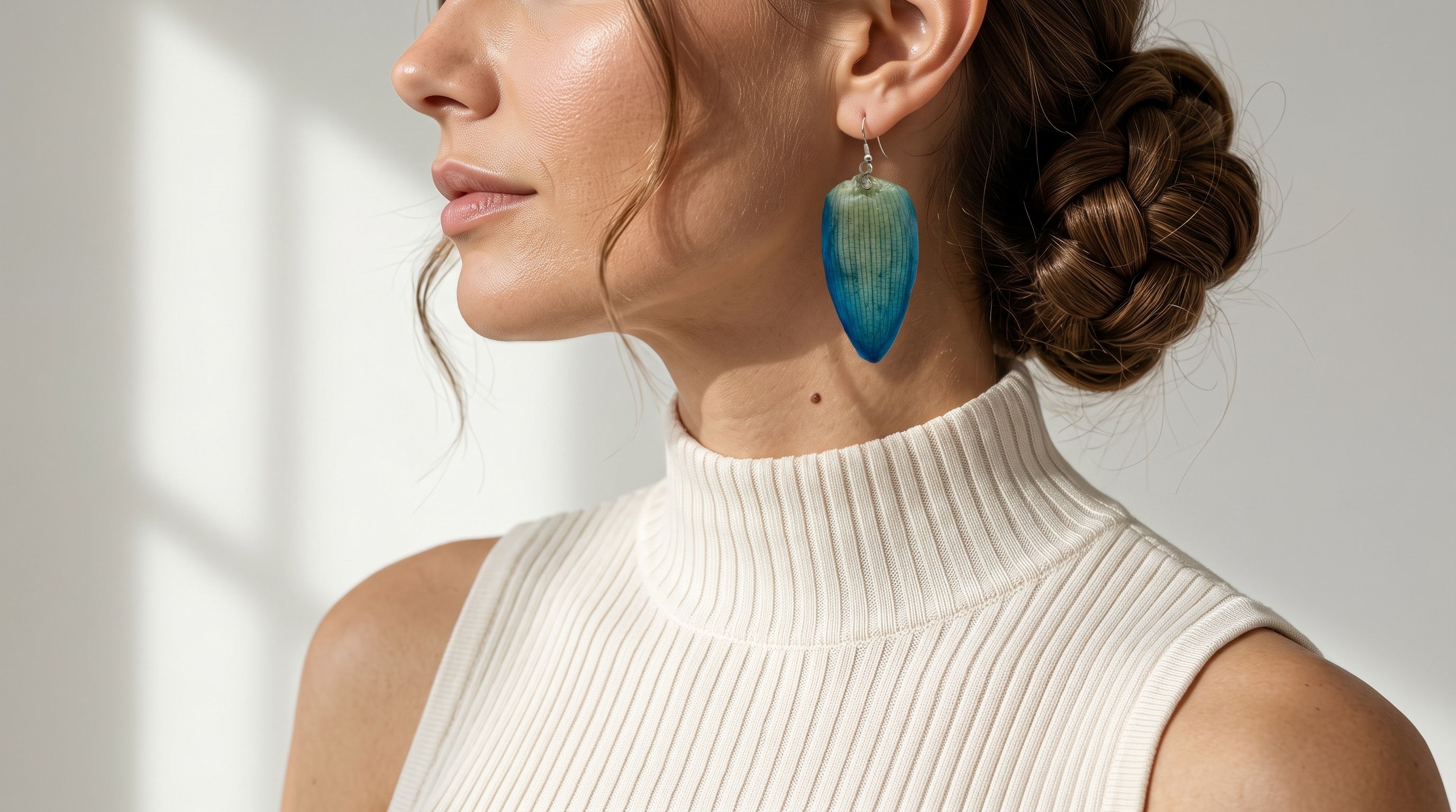 Real Flower Petal Earrings – Ocean Blue & Ivory Teardrop Dangles