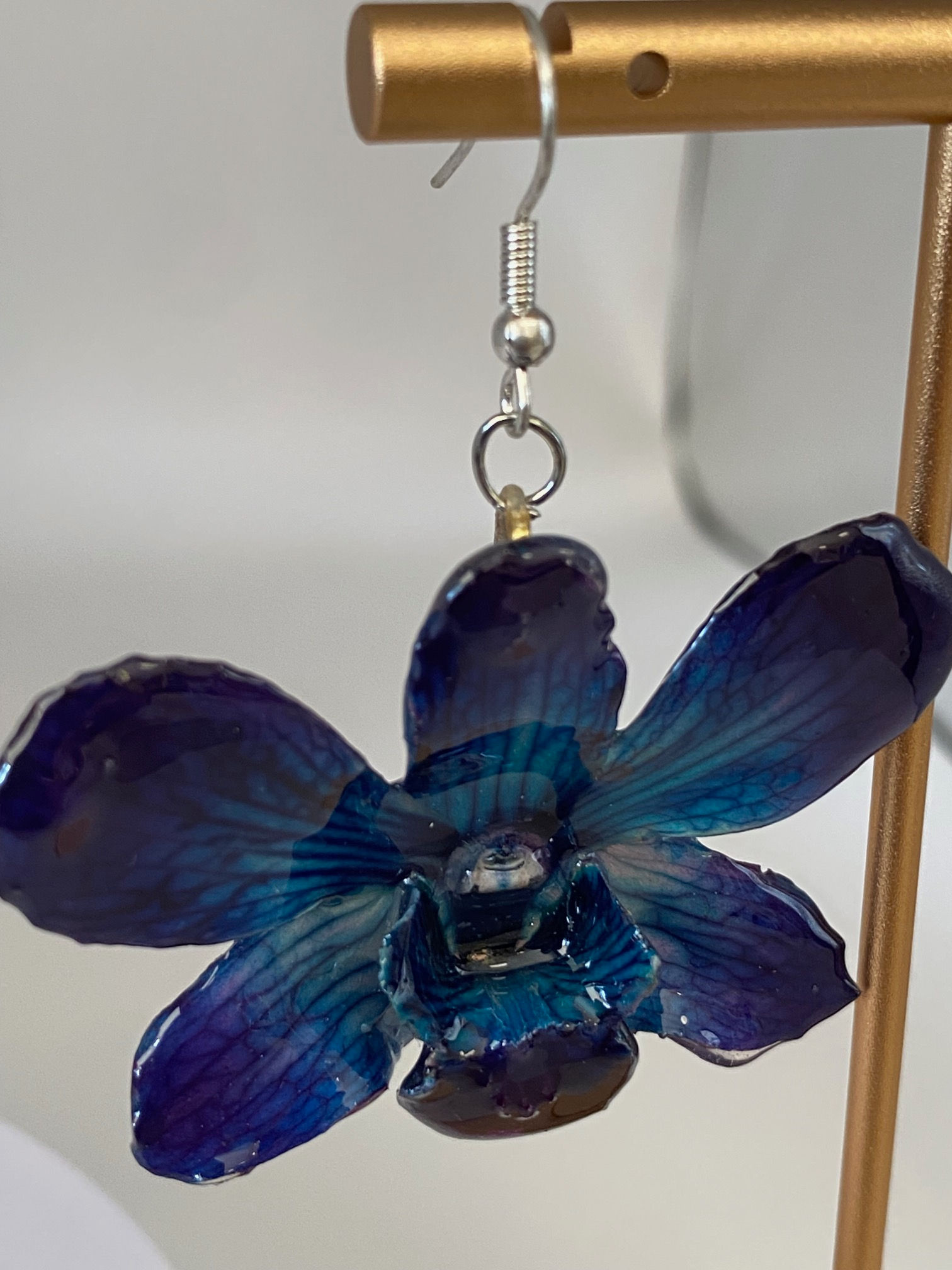 Real Orchid Resin Earrings – Deep Violet & Slate Blue Botanical Dangles