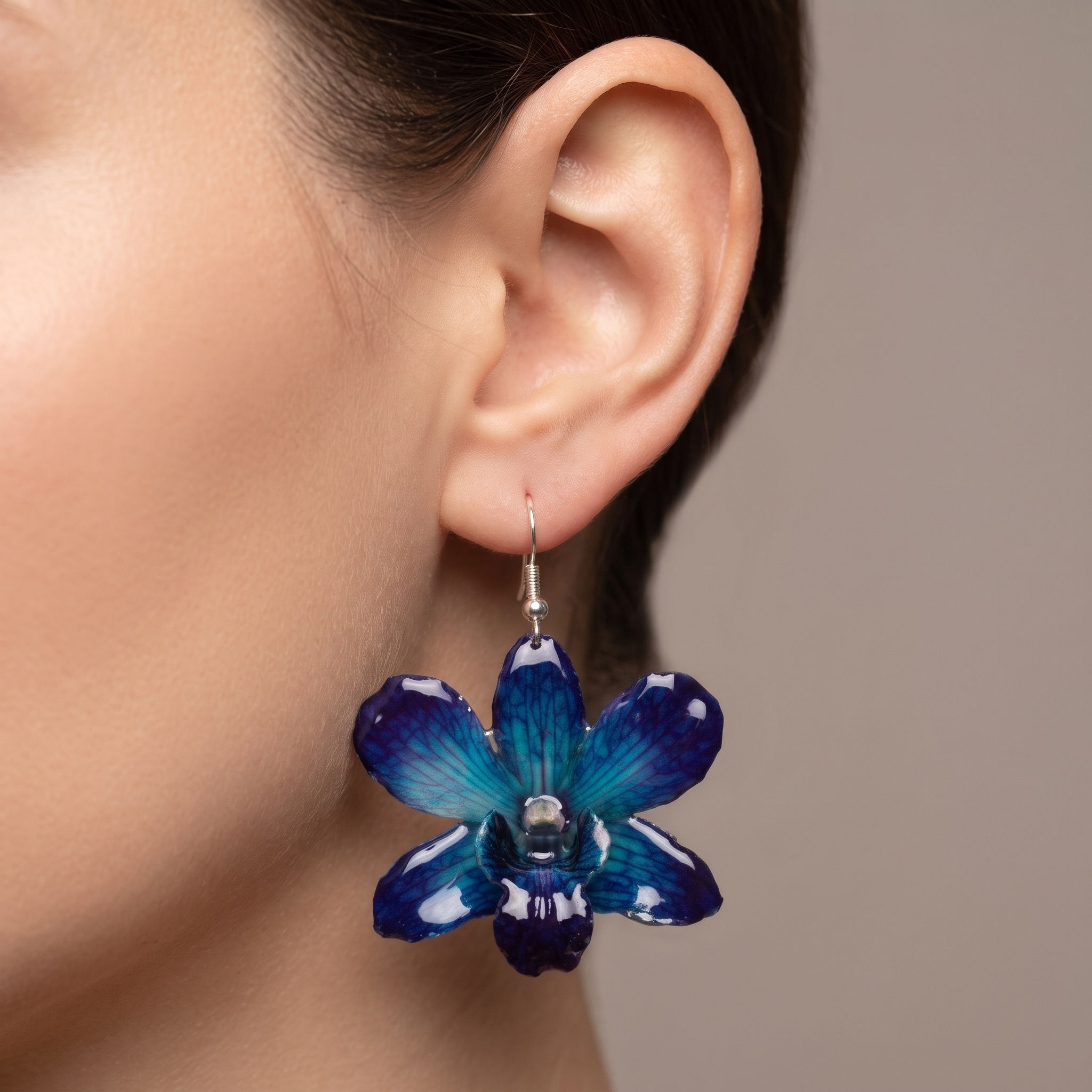 Real Orchid Resin Earrings – Deep Violet & Slate Blue Botanical Dangles