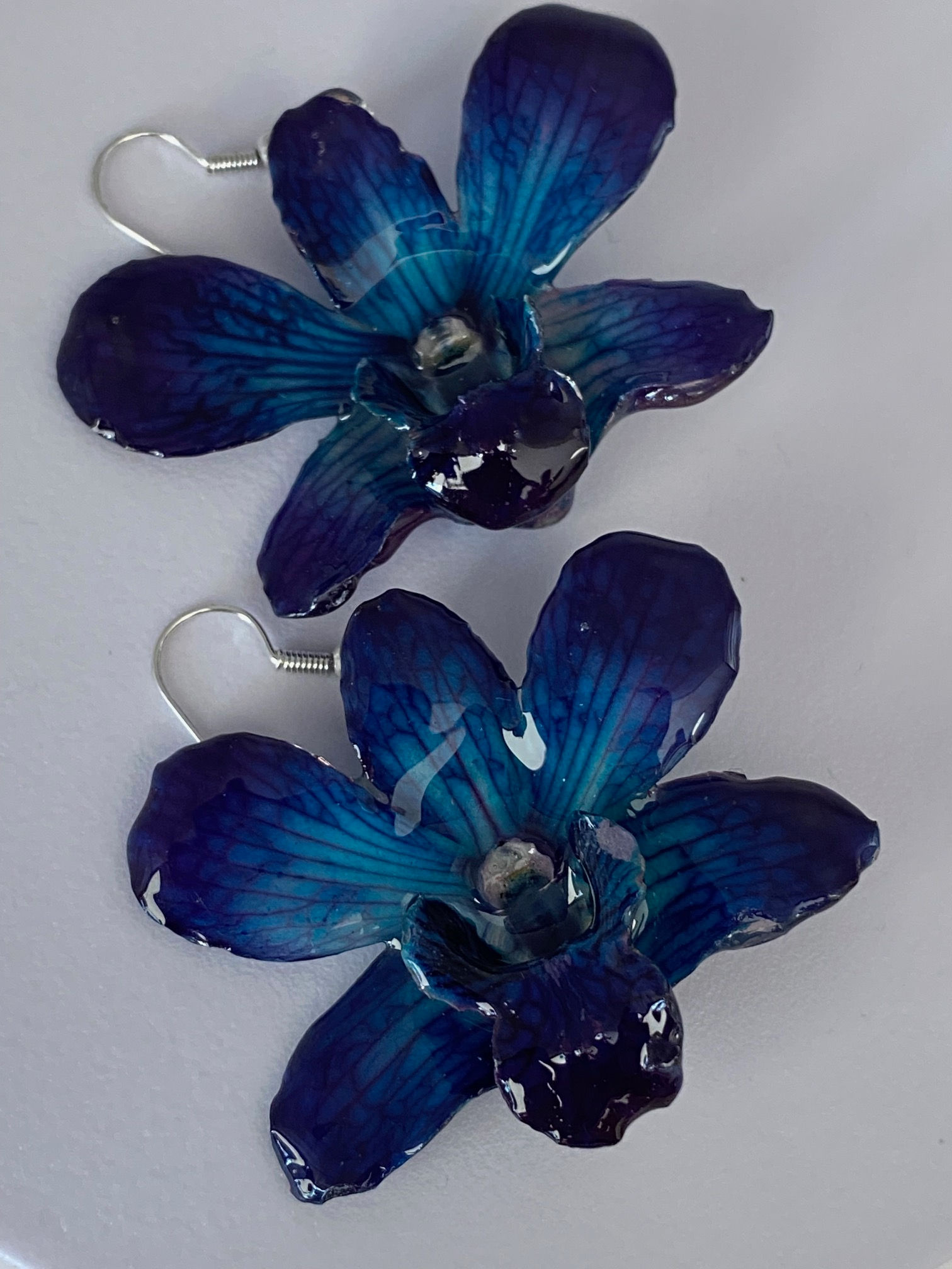 Real Orchid Resin Earrings – Deep Violet & Slate Blue Botanical Dangles