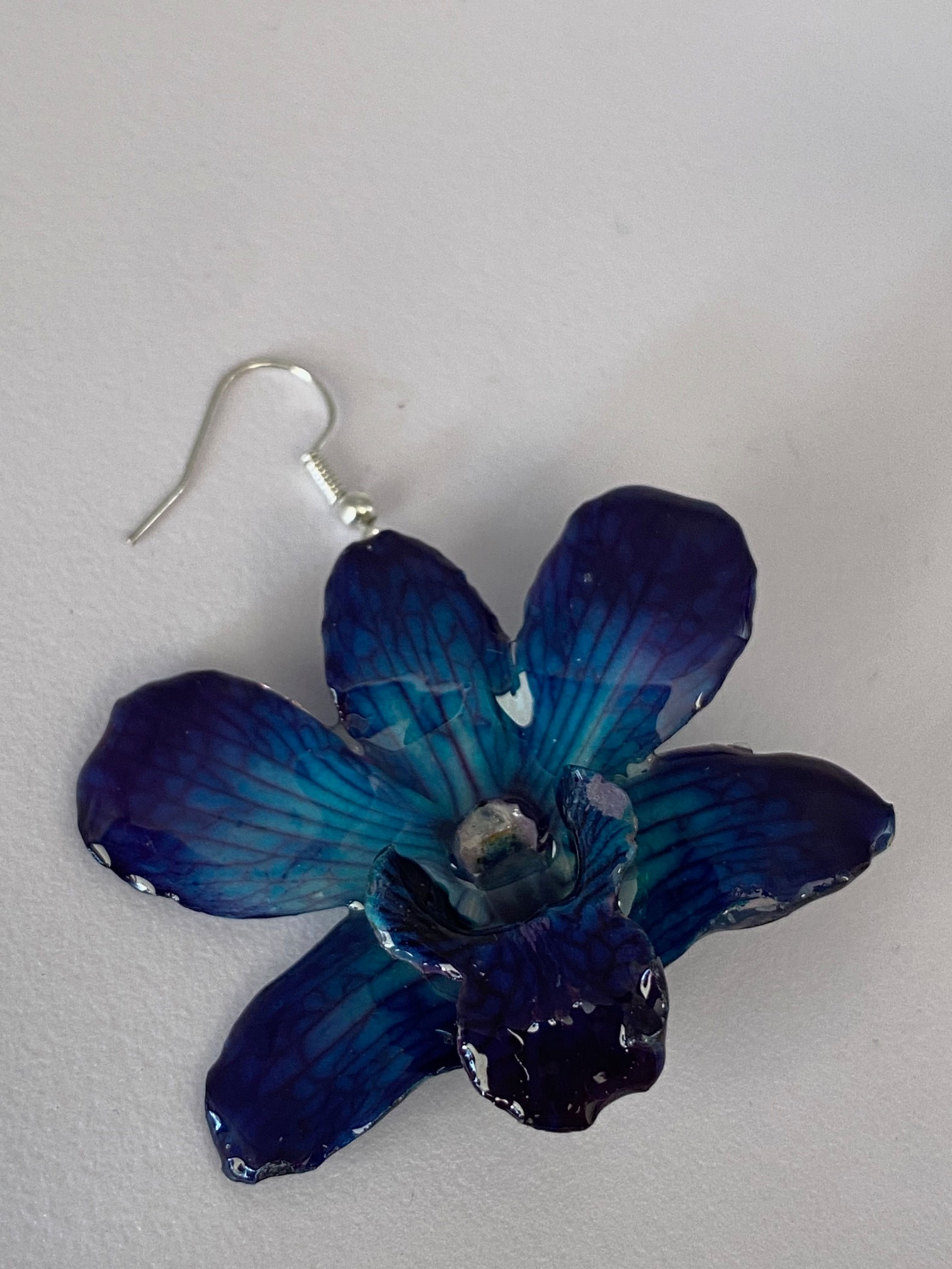 Real Orchid Resin Earrings – Deep Violet & Slate Blue Botanical Dangles