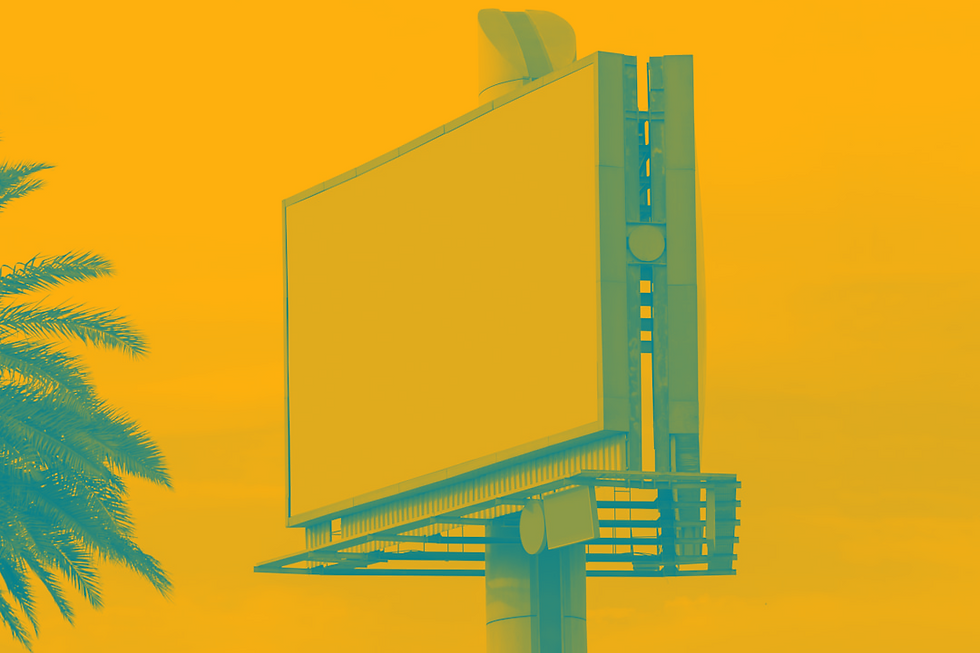 Large blank billboard against an orange sky, with palm tree fronds on the left. Bright and surreal atmosphere.
