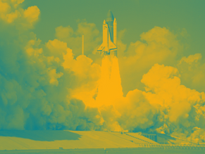 Space shuttle launching amid clouds of smoke and flames, with a vibrant yellow and green color filter.