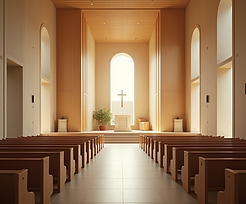 Interior de una iglesia contemporánea con paneles acústicos discretamente integrados, ilum