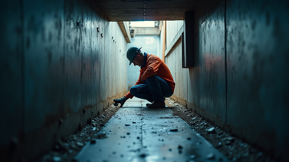 Eye-level view of a technician inspecting a commercial drain with CCTV camera